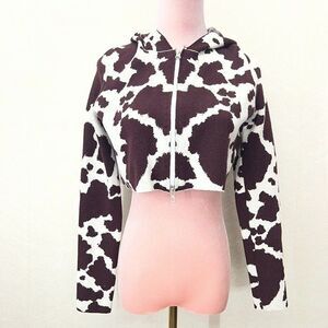 LA Hearts Brown Cream Cow Print Kelly Mini Double Zip Hoodie Womens Size S